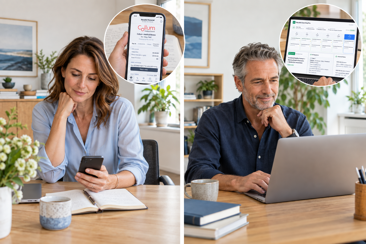 A founder and her coach in separate workspaces. Circular alternate views show Recalib Personal on her phone above her open notebook and the actual Recalib Coaching Pro interface on his laptop.