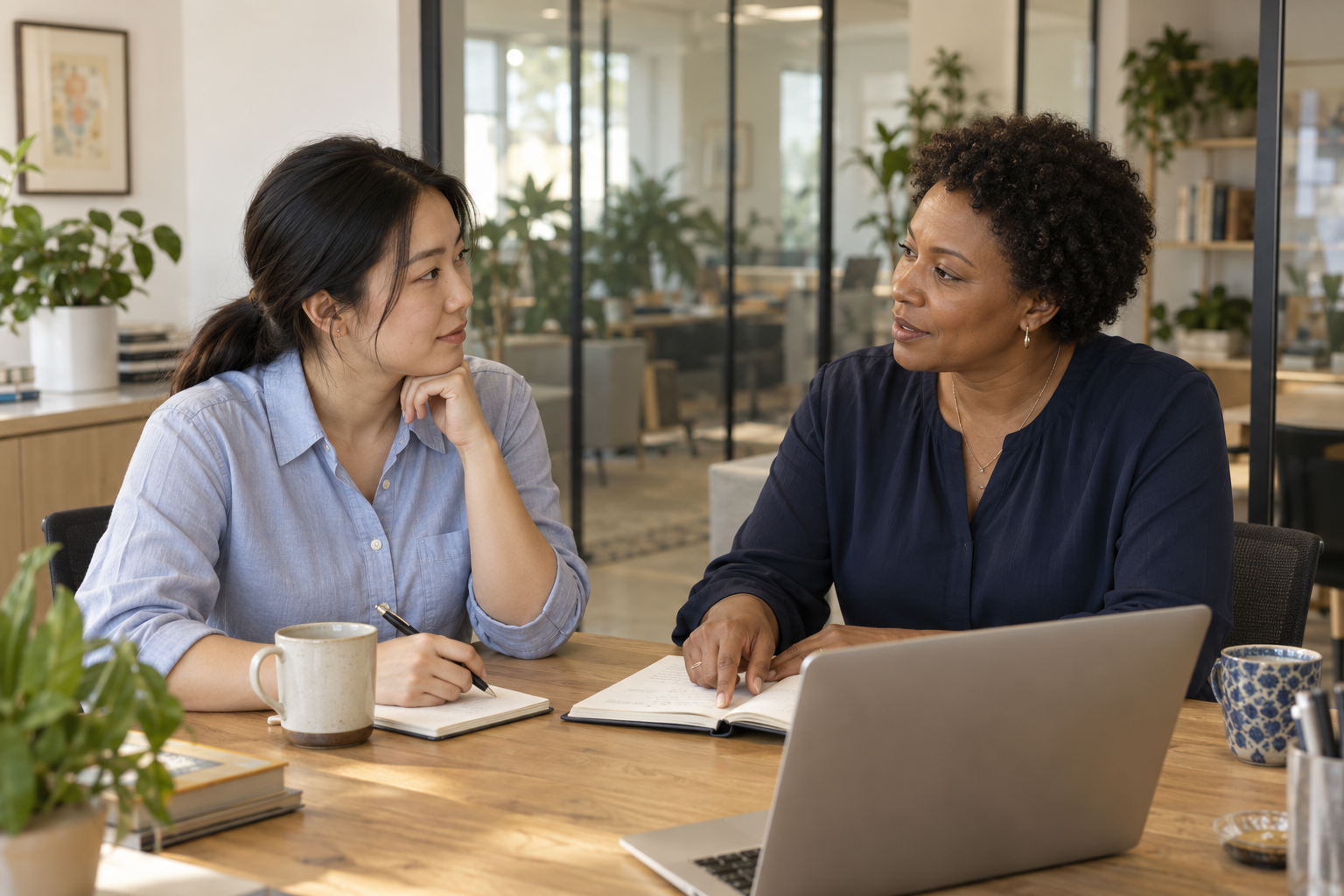A new employee and her mentor discussing the next steps of onboarding, with an open notebook and laptop in a naturally lit office.